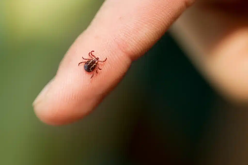 Tick crawling on human finger